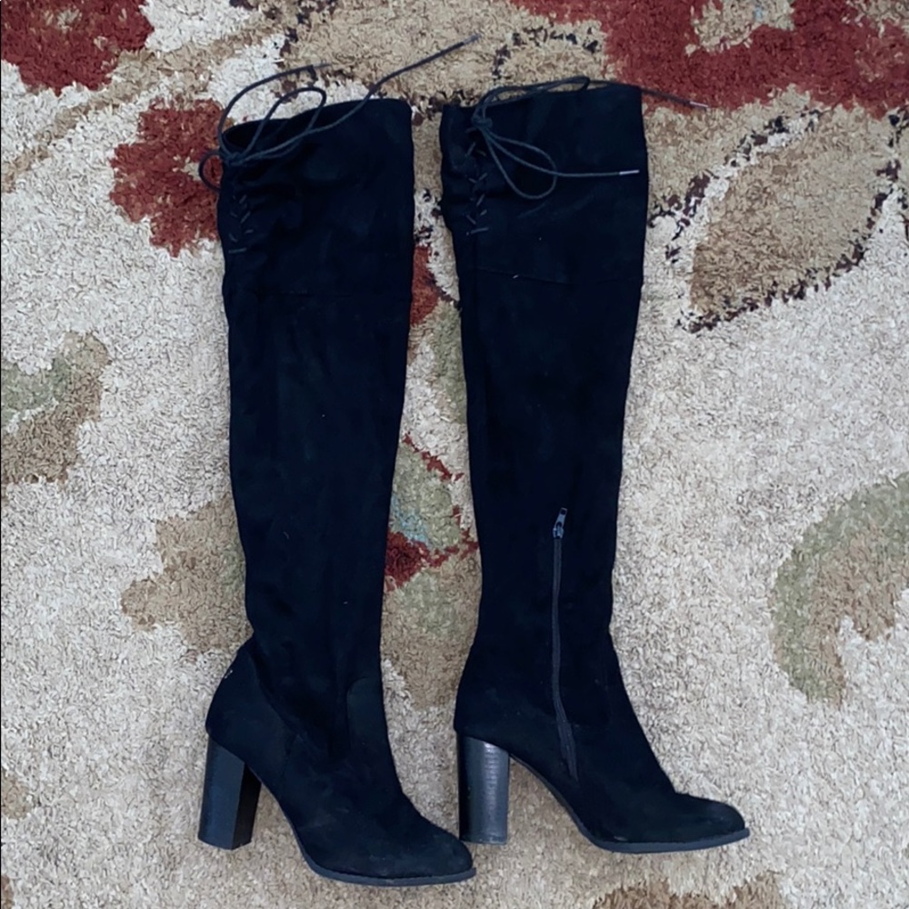 Black suede thigh high boots